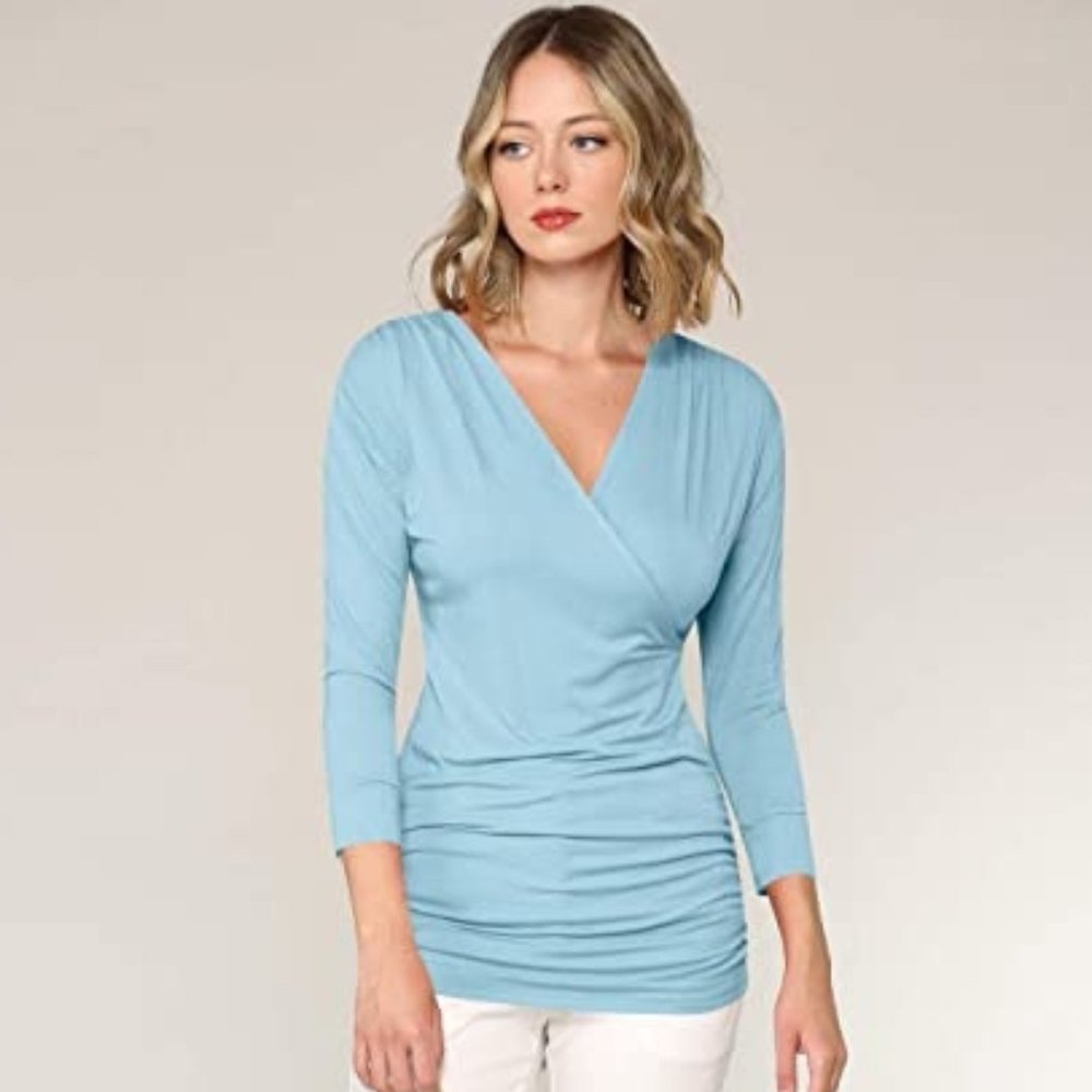 Guberry Light Blue V Neck Half Sleeve Front Wrapped Top For Women Size Small